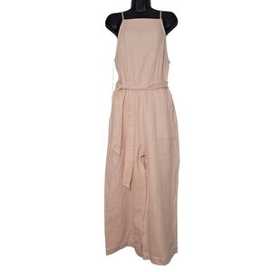 ZARA Peach Cotton Gauze Wide Leg Belted Jumpsuit Square Neck Sleeveless M NWT